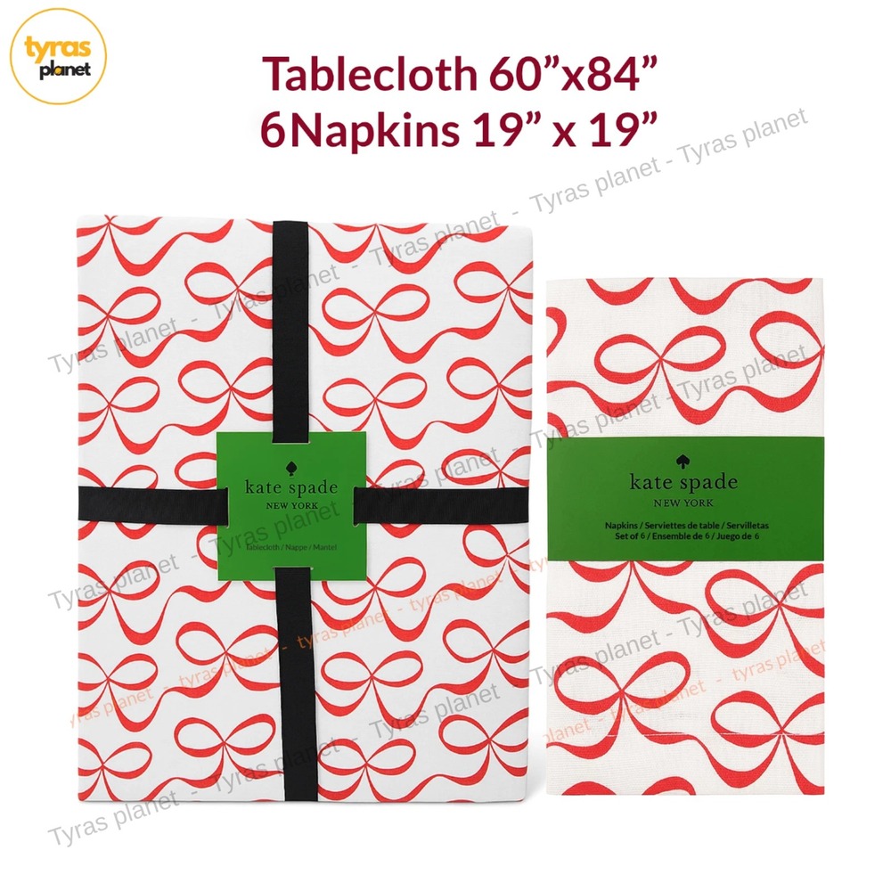 Kate Spade Red Bows Tablecloth 60x84 and 6 Napkins Christmas Holiday Set